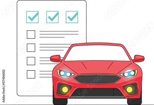 Illustration of a red car in front of a checklist with completed items shown