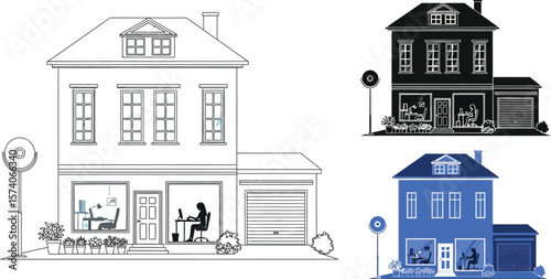 Illustration of two story house with people working inside and garage attached