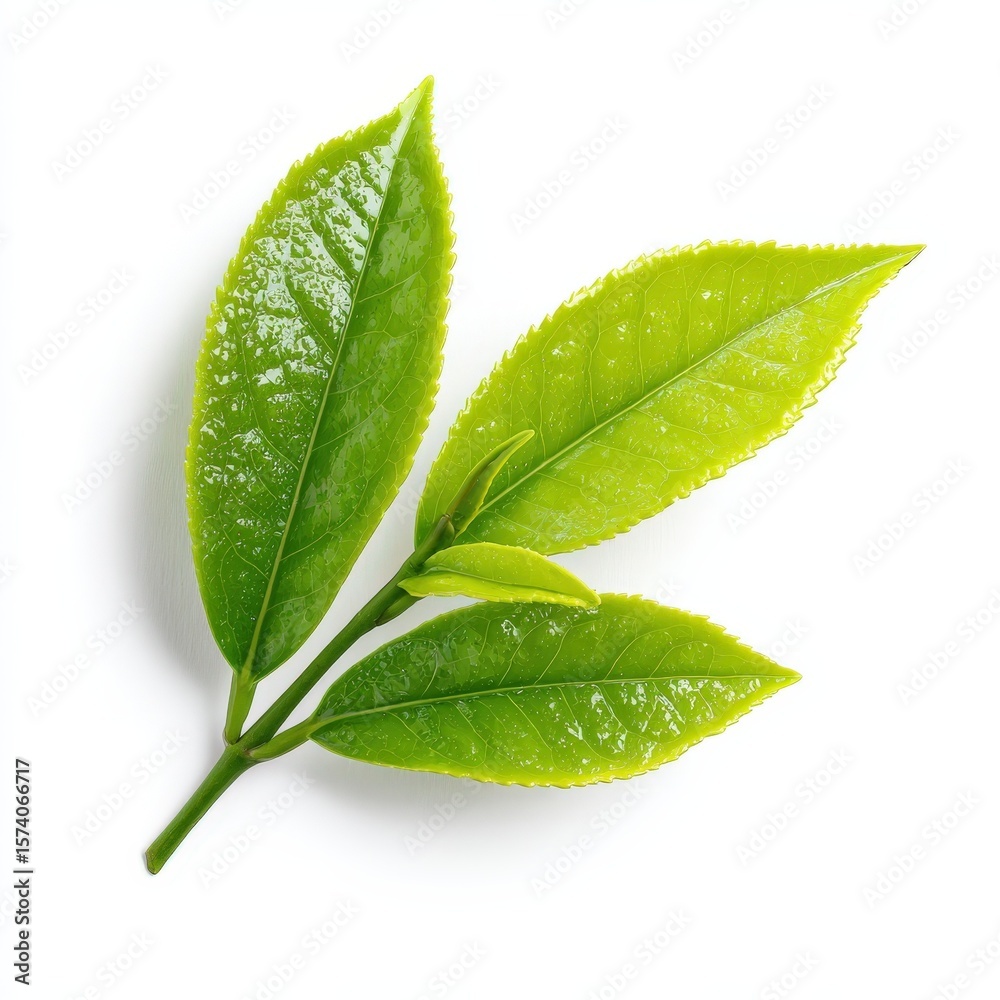 Obraz premium Fresh Green Tea Leaves Branch Close Up Isolated on White Background High Resolution Image for Tea Packaging Design