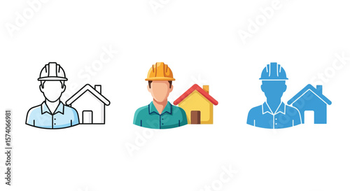 Three icons showing a construction worker wearing a hardhat next to a small house