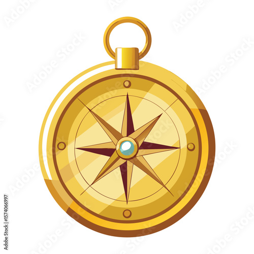 Golden compass isolated on white background, a vintage metal navigation tool showing north, south, east, and west directions for travel and exploration