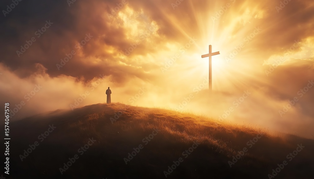 Obraz premium Silhouette at sunrise with cross on hill.