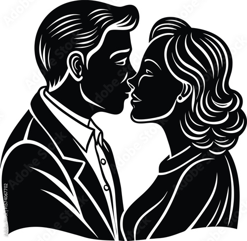 A romantic black vector illustration captures the silhouette of a couple kissing, their profiles forming a heart shape, symbolizing love and family, sweet, affectionate, lovers, conceptual