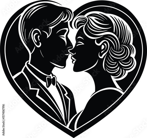 Vector illustration of a couple's silhouette, their faces in profile, sharing a romantic kiss, perfect for a Valentine's design ,side, art work, love birds, romantics
