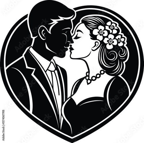 Wedding illustration of a loving bride and groom kissing, with a heart and rings on their invitation card ,kissing, graphic art, invitation card