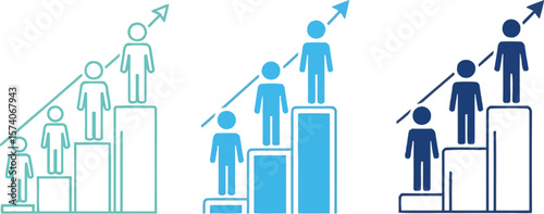 Three variations of stick figures climbing bar graphs with upward pointing arrows