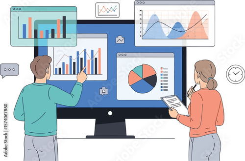 Illustration of people analyzing data charts on a computer screen with graphs shown