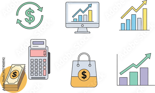 An illustration of financial icons including money graphs and a card reader