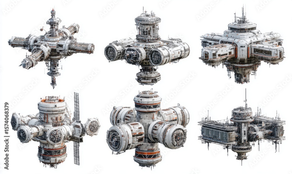 Fototapeta premium Six futuristic space stations