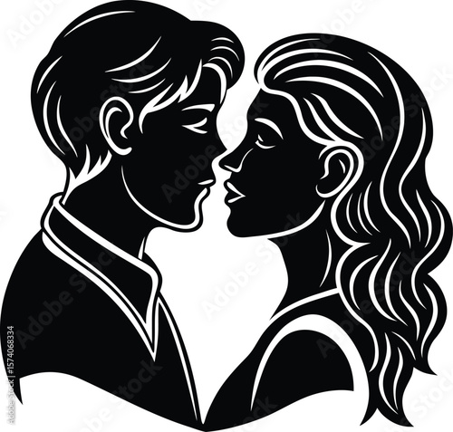 Black vector silhouette of a loving couple kissing in profile, showcasing their hair and the art of romance, harmony, closeness, devotion