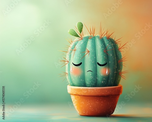 Cactus plant in a small decorative pot with green leaves on white background