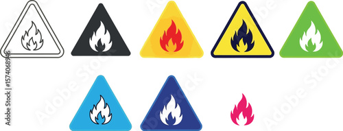 A collection of colorful fire warning signs arranged in a horizontal line up view