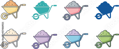 A collection of seven colorful wheelbarrows filled with various materials vector art