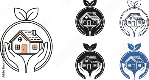 Five house icons with hands and leaves in different color schemes and styles