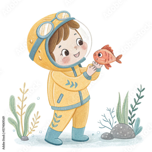Cute kid standing smiling wearing a dream work outfit kawaii  Clipart watercolor 