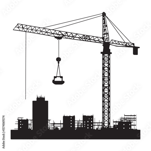 industrial crane lifting heavy equipment at a construction site vector silhouette