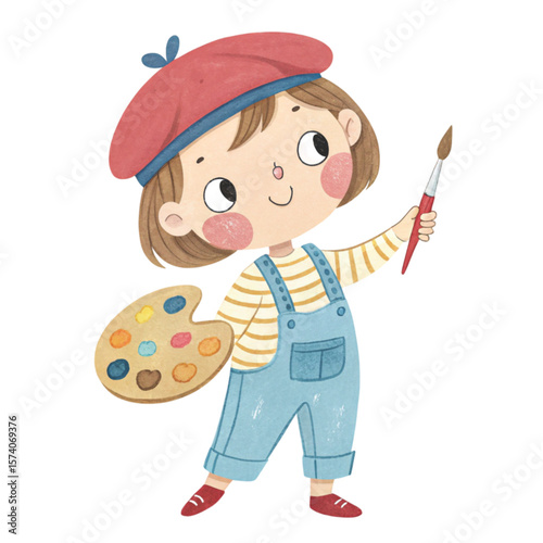 Cute kid standing smiling wearing a dream work outfit kawaii  Clipart watercolor 