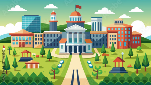 Flat design cityscape with government building and green park landscape