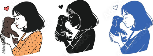 Three depictions of a woman holding a puppy with a heart above them on white background