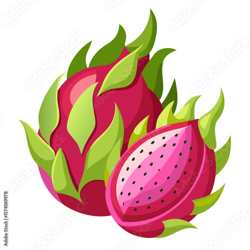 Fresh Dragon Fruit Whole and Halved - Vibrant Tropical Superfood Vector
