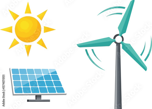 Illustration of solar panel, sun, and wind turbine on a white background view