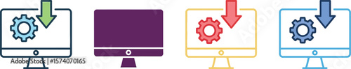 Illustration of four desktop computers with download arrows and gears on screens