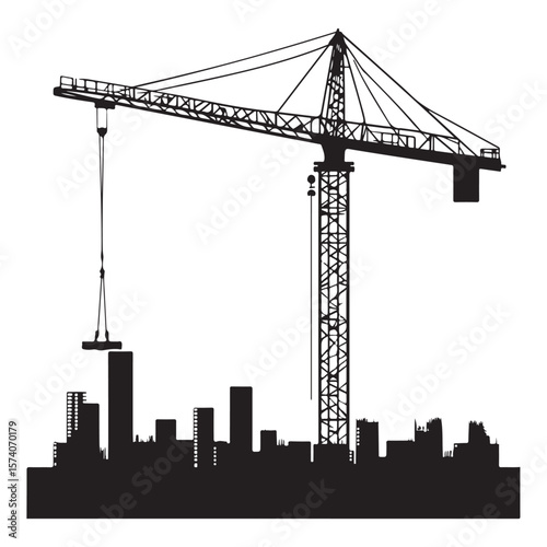 industrial crane lifting heavy equipment at a construction site vector silhouette