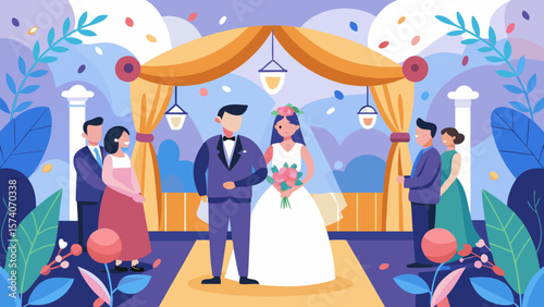 Happy bride and groom celebrating their wedding ceremony with guests and floral decorations