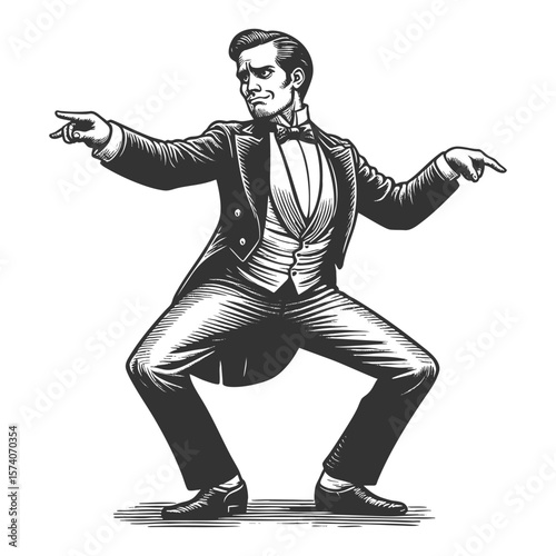 gentleman in a tuxedo striking a flamboyant dance pose with exaggerated flair sketch engraving generative ai fictional character vector illustration. Scratch board imitation. Black and white image.