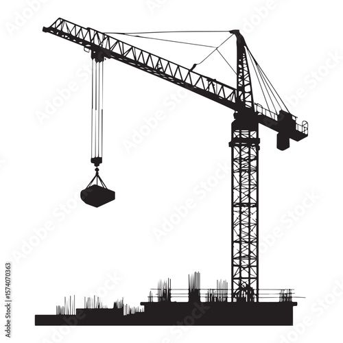 industrial crane lifting heavy equipment at a construction site vector silhouette
