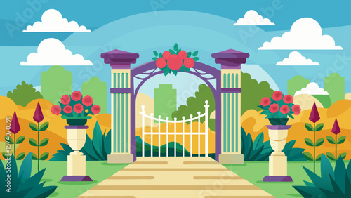 Beautiful garden entrance with ornate archway white gate and blooming roses