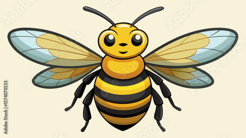 Cute cartoon bee with yellow and black stripes and translucent wings