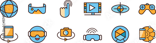  Virtual Reality colorful Icon and minimalistic icons. Filled icon collection. Cyberspace minimal icon set. Vector artwork and illustration.