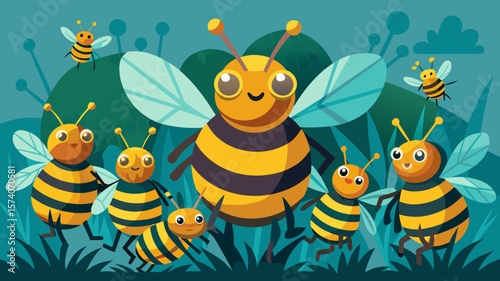 Cute cartoon bees family happily playing in a vibrant green meadow