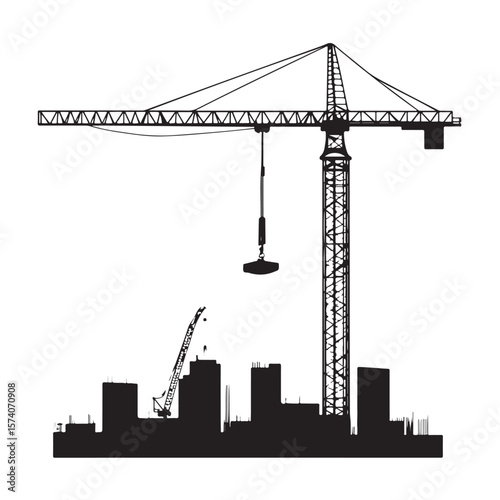 industrial crane lifting heavy equipment at a construction site vector silhouette