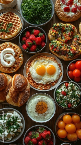 Breakfast spread with waffles eggs tomatoes and other foods food background vertical background