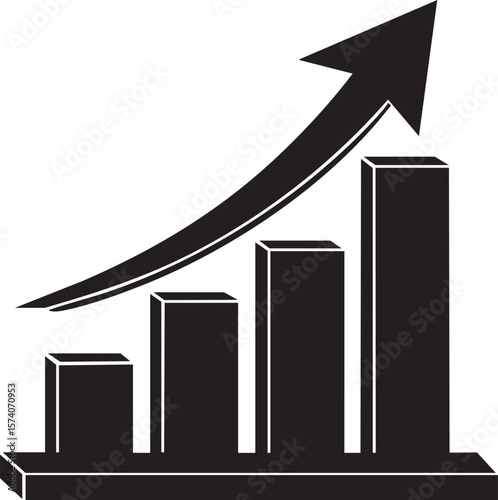 Black 3d bar chart with upward trending arrow isolated on transparent background