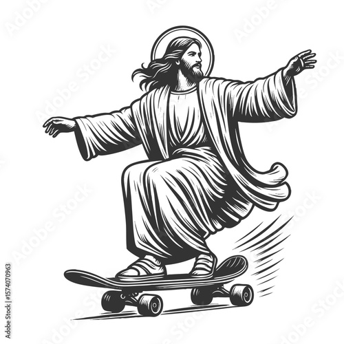 Jesus Christ holy man confidently skateboarding, religious symbolism with modern urban culture sketch engraving generative ai fictional character vector illustration. Scratch board. Black and white.