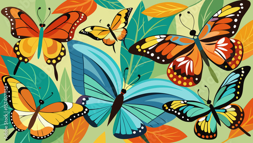 Vibrant butterflies flutter among colorful leaves in a tropical garden