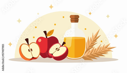 Flat vector of apples and bottle of cider with wheat on a soft background  