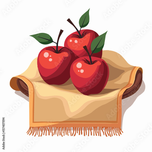 Three red apples on an embroidered cloth in flat vector style