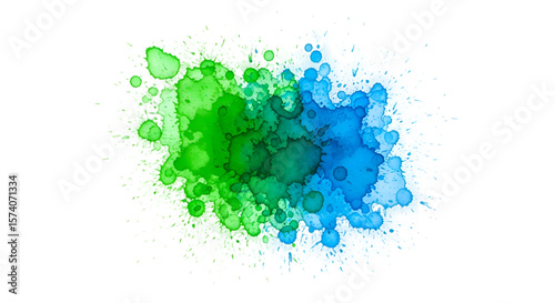 Watercolor Splashes Create Abstract Green Blue Design with Transparent Background