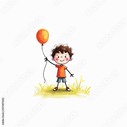 Child crayon drawing of a happy child holding orange balloon while standing on green grass  