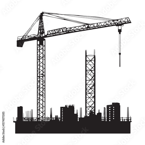 industrial crane lifting heavy equipment at a construction site vector silhouette