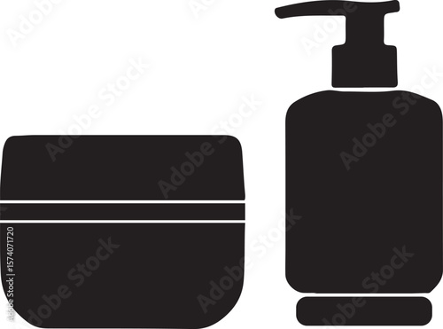 Personal Care Silhouette Icon Set – Minimal Pump Bottle & Cosmetic Jar for Hygiene Packaging Design