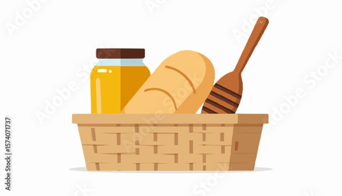 Flat vector of basket with bread, honey jar, and wooden honey dipper  