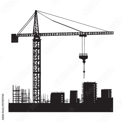industrial crane lifting heavy equipment at a construction site vector silhouette