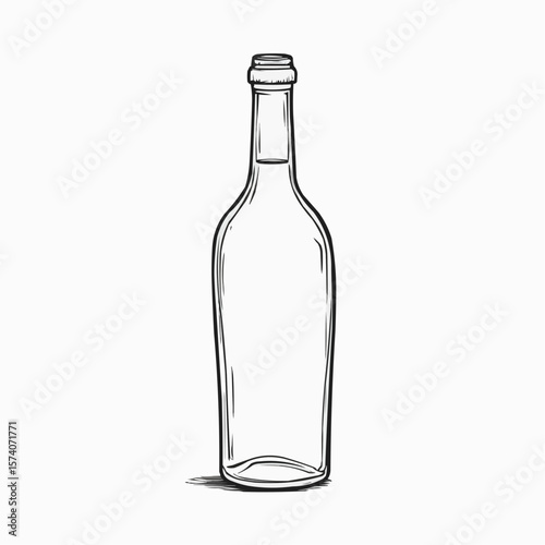 Empty glass bottle in minimalist outline style on white background  