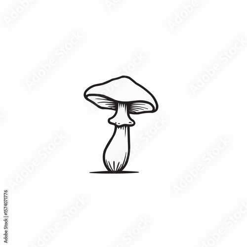 Hand-drawn mushroom with stem and cap illustration in black and white  