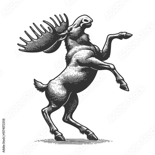Rearing Moose sketch engraving generative ai fictional character vector illustration. Scratch board imitation. Black and white image.